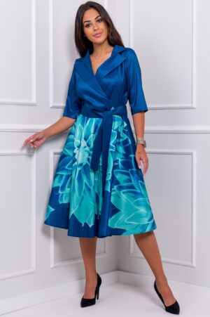 Sukienka rozkloszowana z tafty granat w kwiaty Margo collection