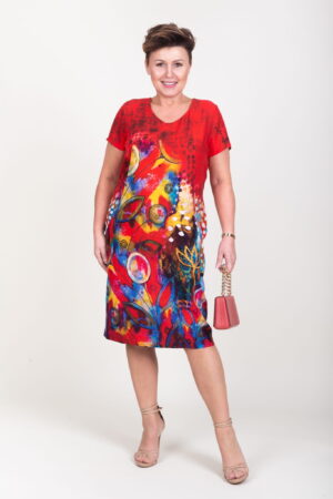 Taliowana sukienka z motywem kwiatowym IDALIA czerwona Modena Styl