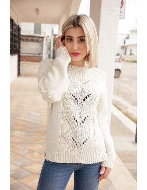 Sweter z warkoczami, z wełną AL-BO 8127 ecru