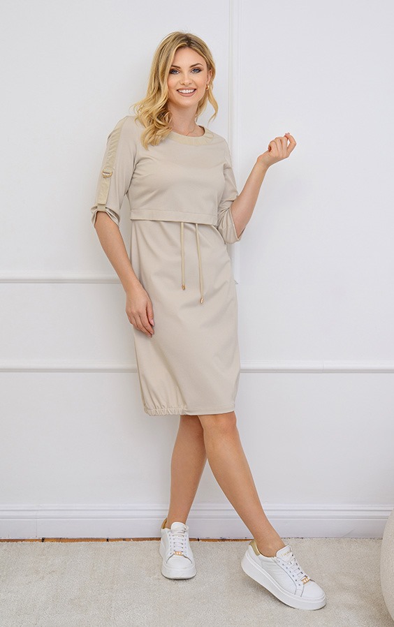 BEŻOWA DZIANINOWA SUKIENKA LIVIA KASKADA FASHION.