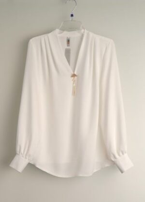 Bluzka z dekoltem V z guzikami na mankiecie biała/krem