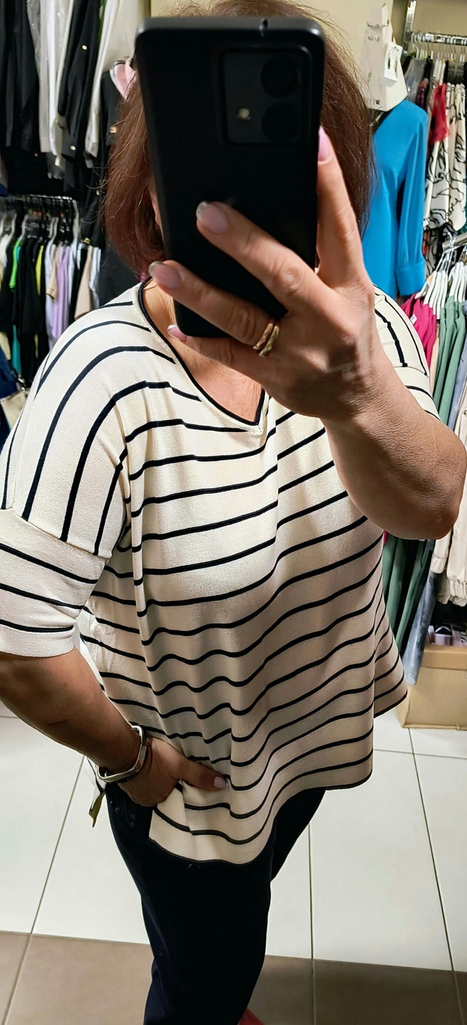 Sweter SC-EIREEN STRIPE kremowy w paski granatowe soyaconcept - obrazek 3