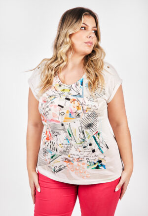 Bluzka wiskozowo-lniana z kolorowym nadrukiem Bagoraz