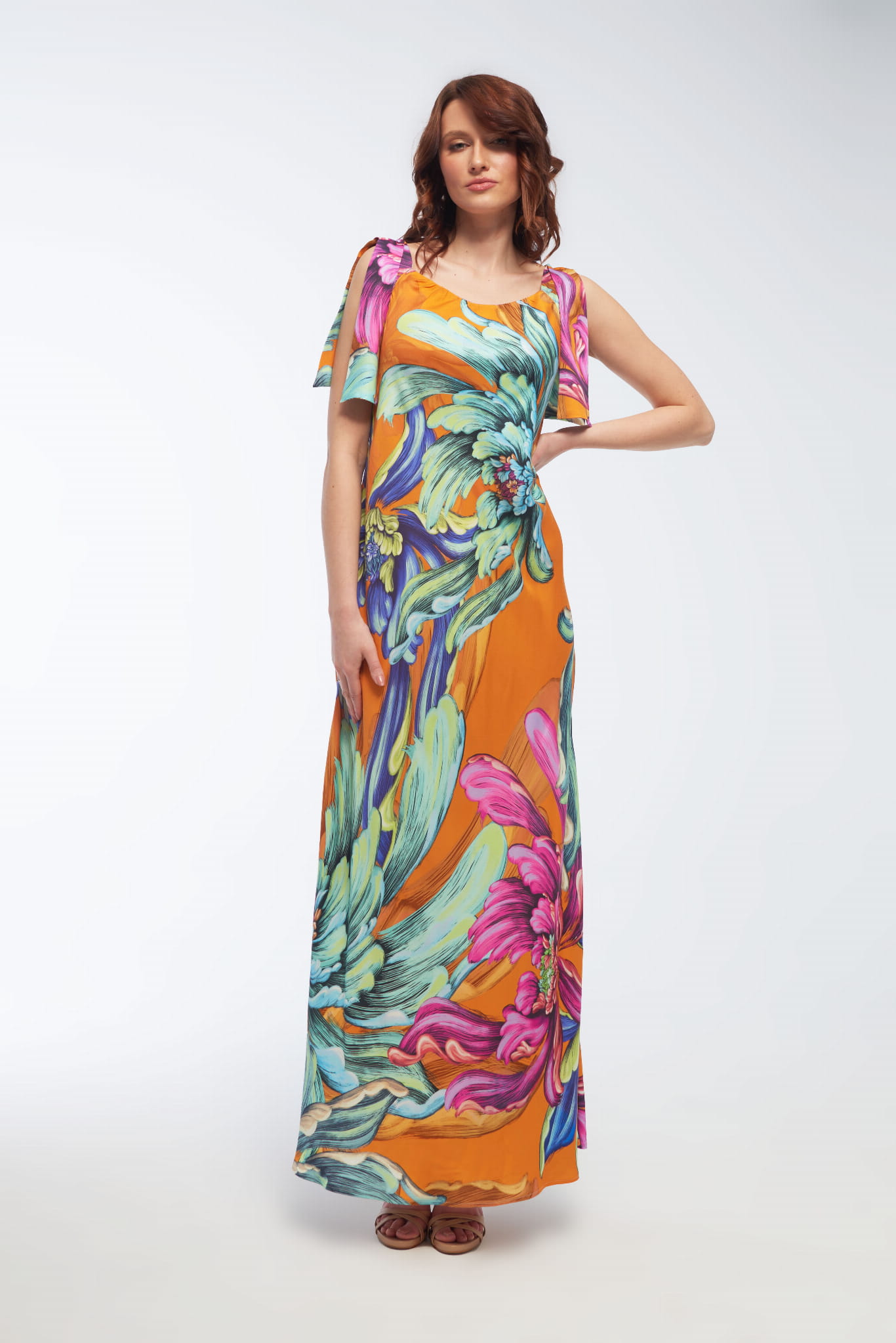 Wiskozowa sukienka ze skosu VIVIANA pomarańczowa Modena styl - obrazek 3