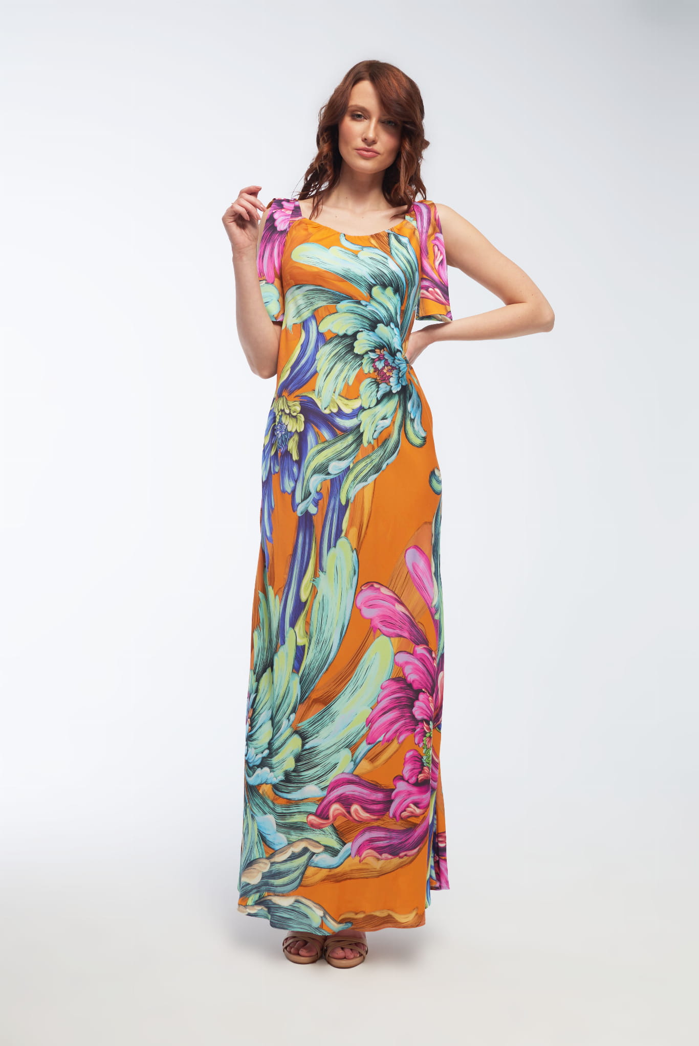 Wiskozowa sukienka ze skosu VIVIANA pomarańczowa Modena styl