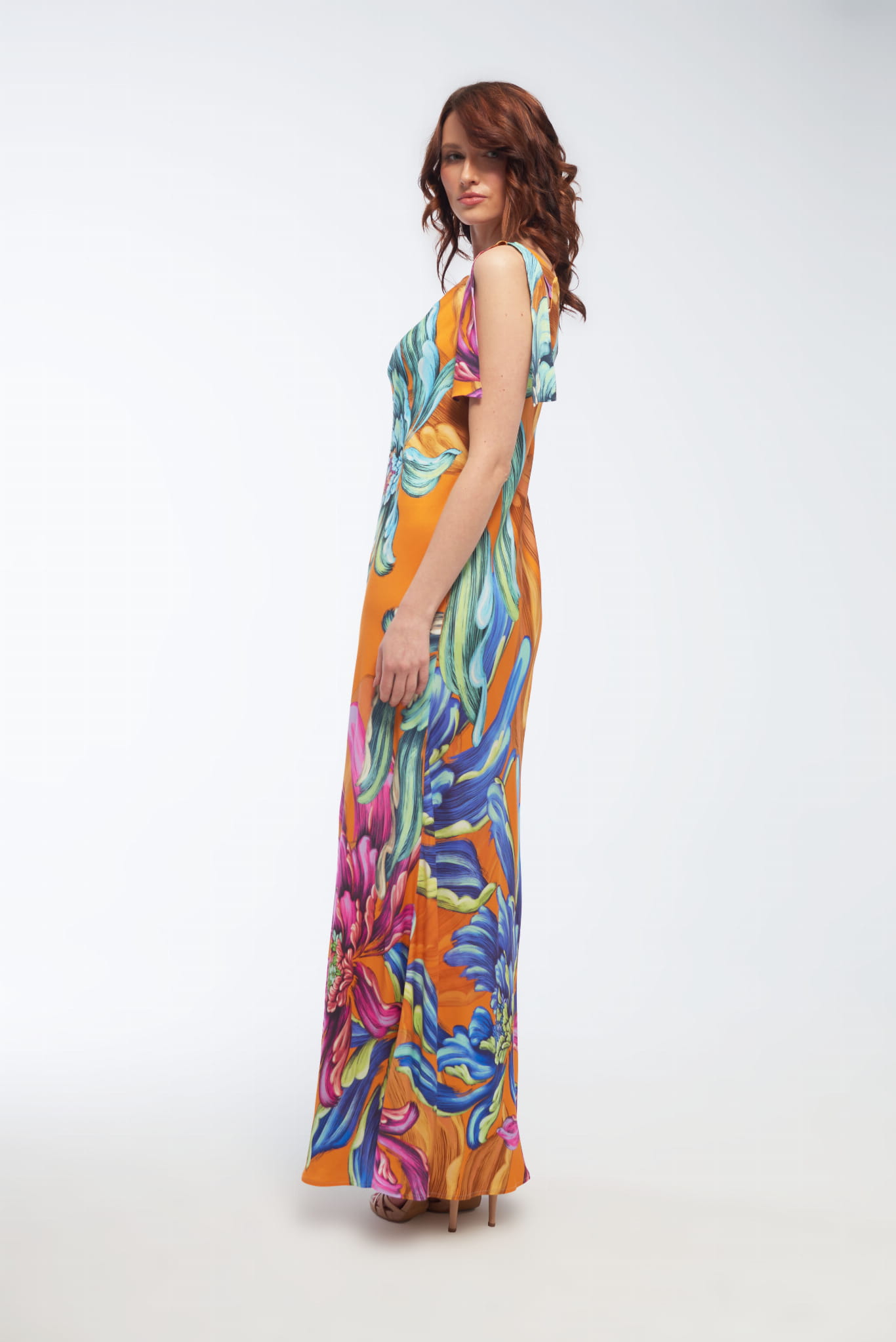 Wiskozowa sukienka ze skosu VIVIANA pomarańczowa Modena styl - obrazek 4