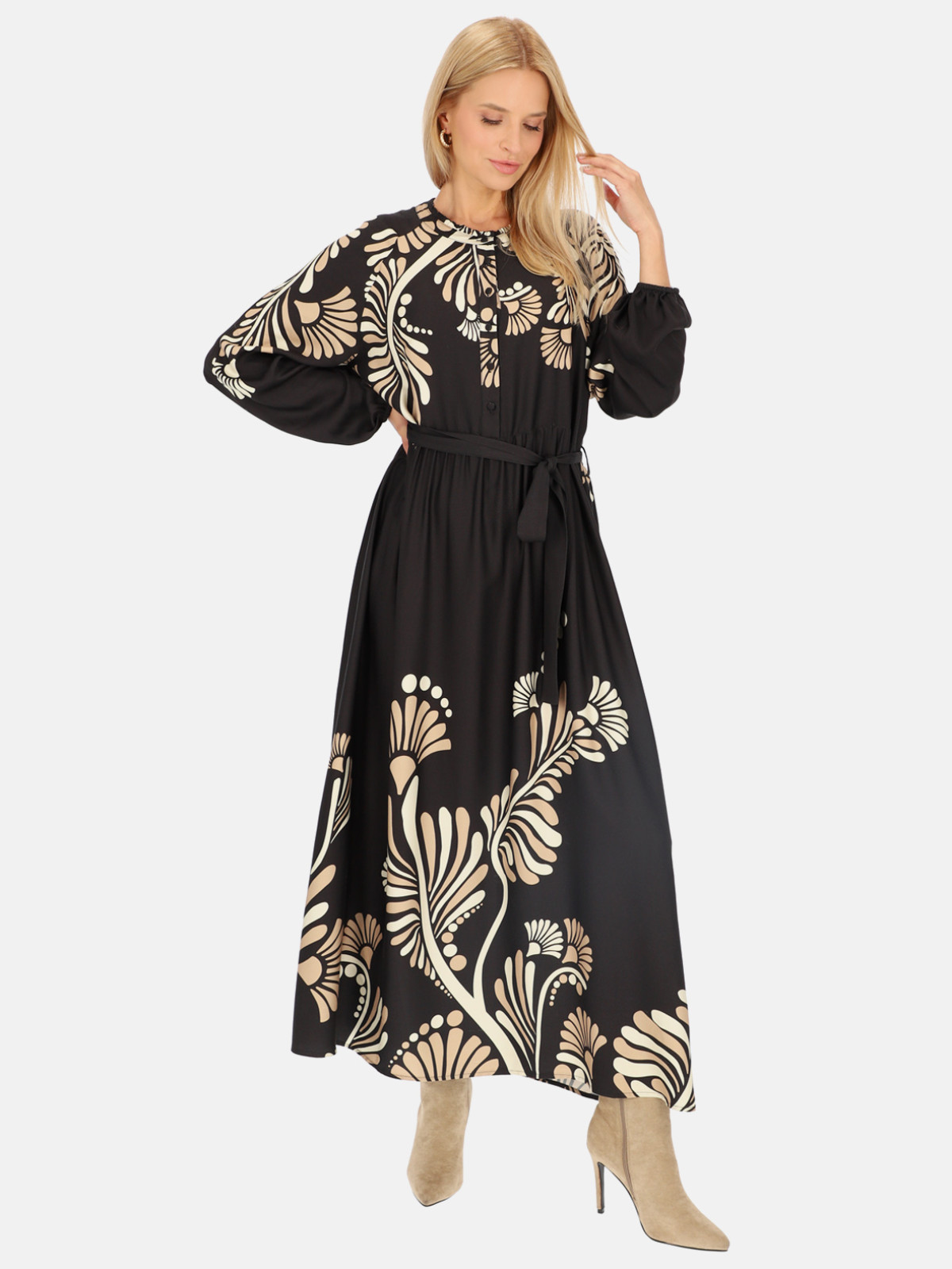 Czarna sukienka maxi motywem roślinnym Smashed Lemon 24532 - obrazek 5