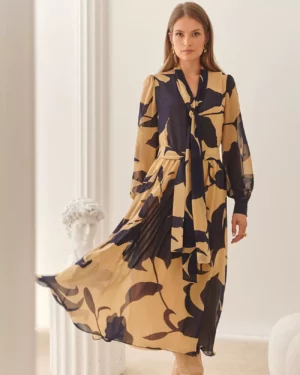 Elegancka długa beżowo-granatowa sukienka Ezuri