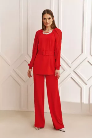 Czerwone eleganckie spodnie damskie z wysokim stanem Ezuri