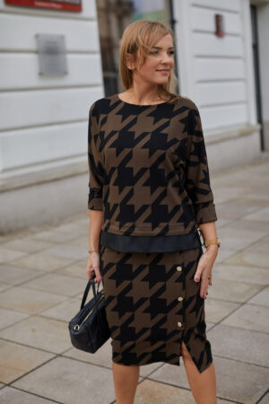 Dzianinowa Spódnica Midi wzór pepitka brązowy La Aurora