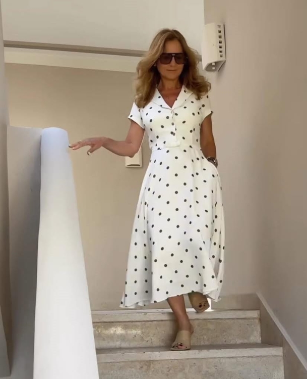 Sukienka Monaliza kremowa w w grochy maxi la viva - obrazek 2