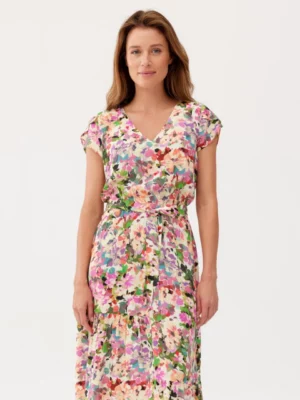 Sukienka letnia FERIA – kolorowa z krótkim rękawem i wiązaniem w talii