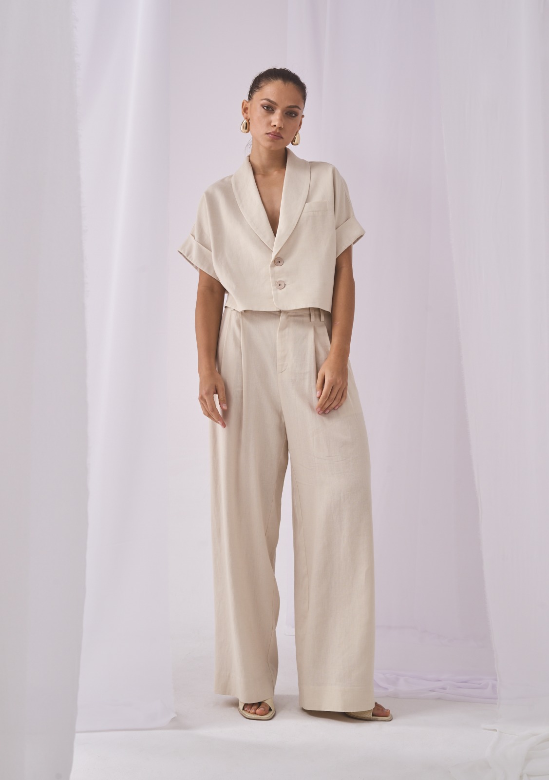 Komplet w kolorze jasnego beżu z lnem Cotton Club