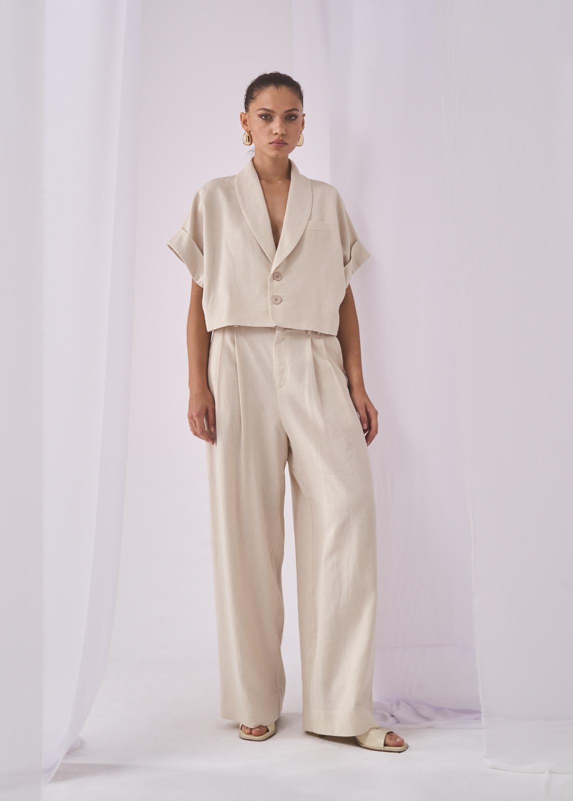 Komplet w kolorze jasnego beżu z lnem Cotton Club - obrazek 2