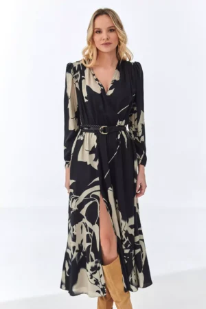 Czarna elegancka sukienka kopertowa z nadrukiem NOIR Ezuri