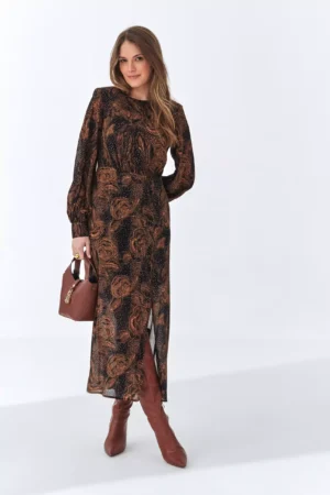 Długa sukienka w kwiaty z rozcięciem i długim rękawem – czarno-brązowa Jodie Ezuri