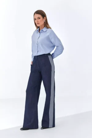 Granatowe spodnie z wysokim stanem i lampasem Ezuri