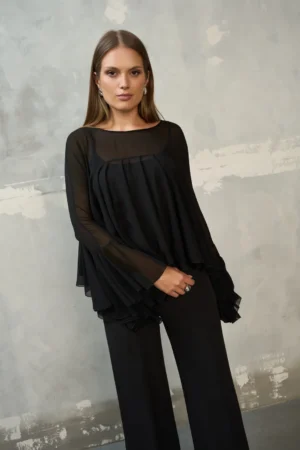 Czarna bluzka z długim spektakularnym rękawem EZURI