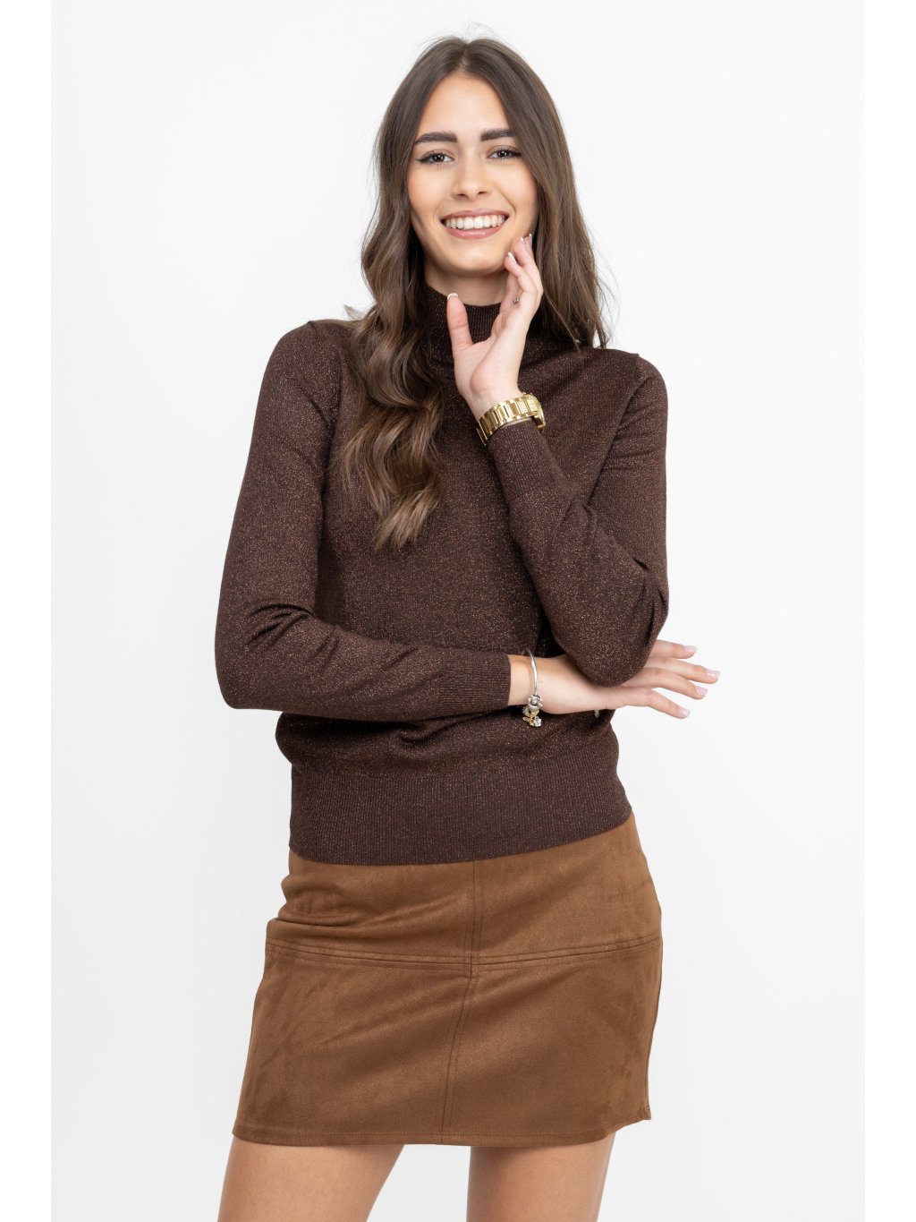 Sweter z lureksową nitką w kolorze ciemnobrązowym Red Button - obrazek 7