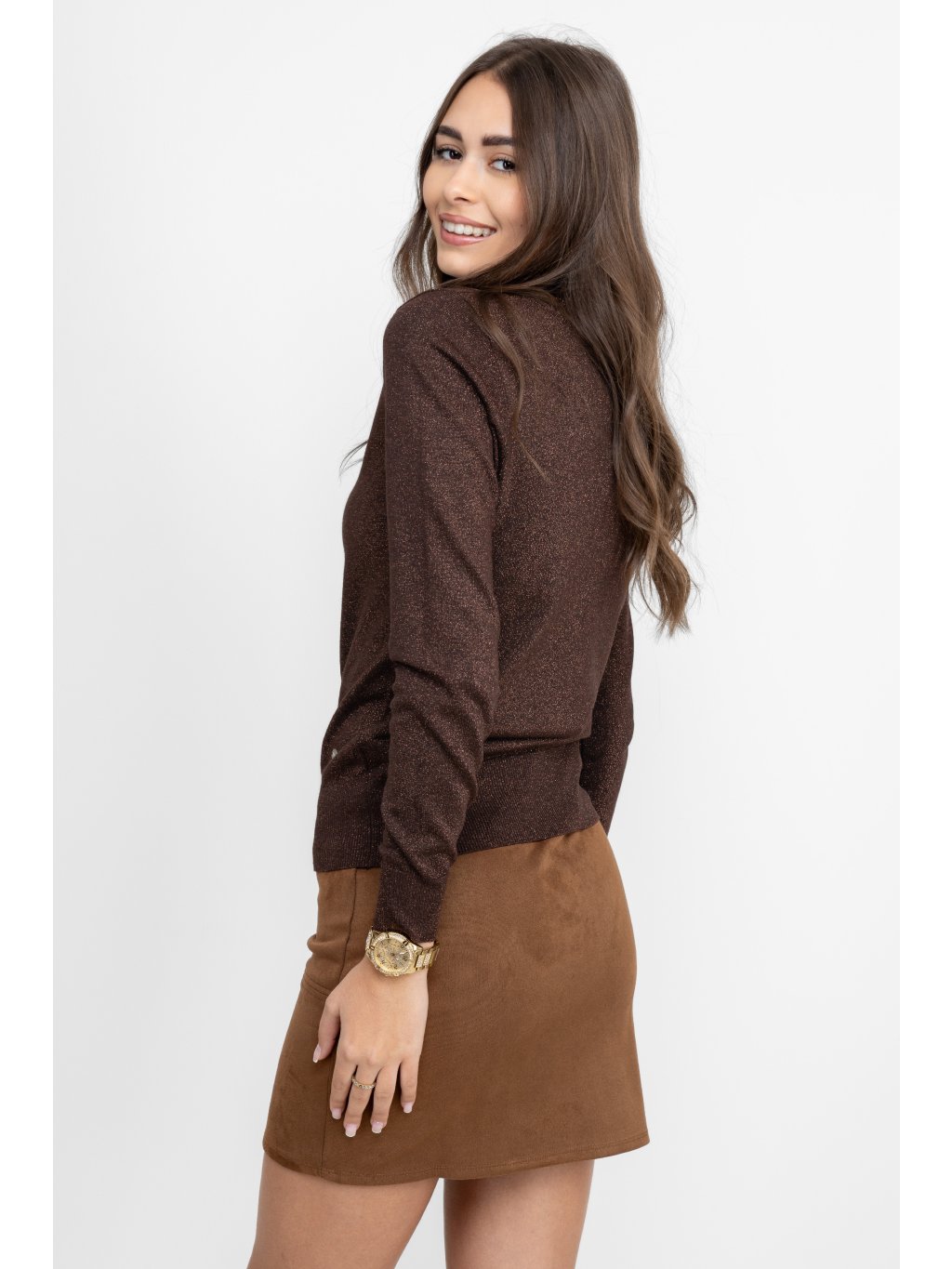 Sweter z lureksową nitką w kolorze ciemnobrązowym Red Button - obrazek 8