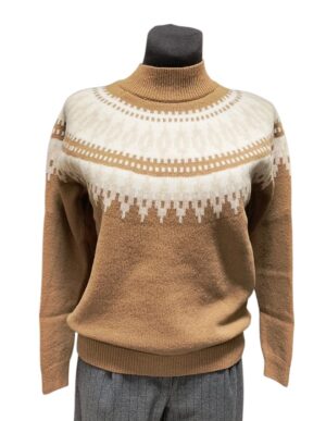 Wełniany sweter z norweskim wzorem kamelowy AL-BO