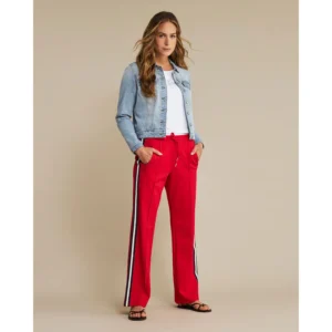 Spodnie Colette z szerokimi nogawkami czerwone z ozdobnym lampasem Red Button