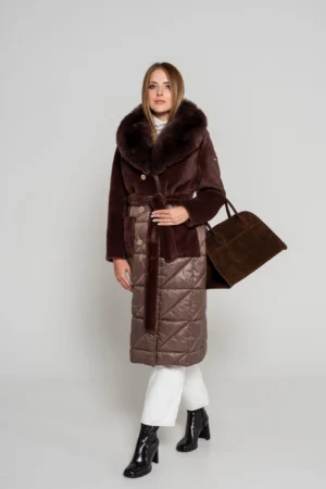 Damski płaszcz z alcantary czekoladowy DT 060 Fratelli