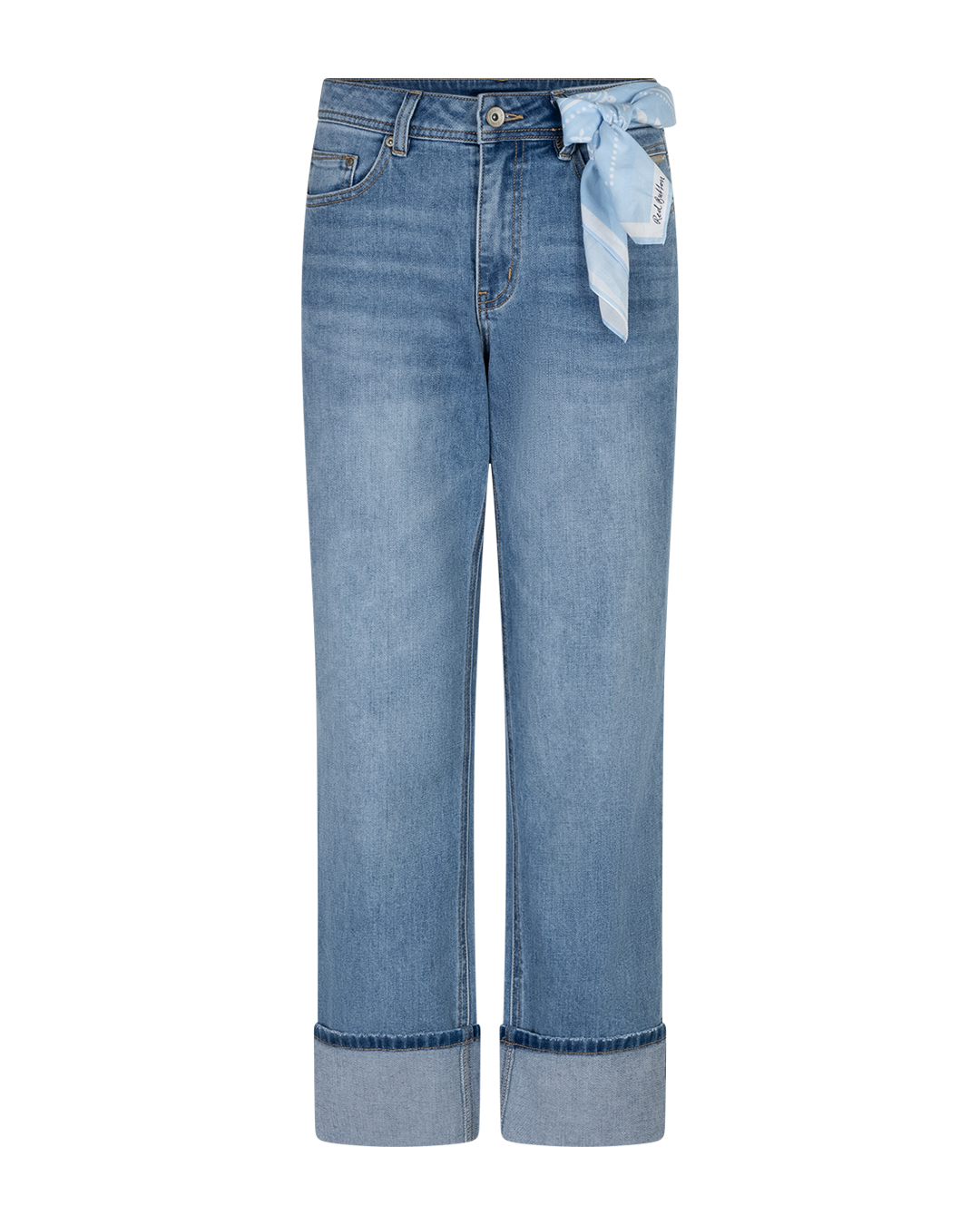 Spodnie jeansowe Kim High Hem & Scarf z apaszką– stone used Red button - obrazek 2
