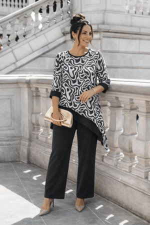 Komplet damski z szyfonową tuniką i spodniami czarno biały Fokus