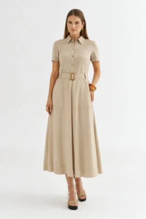 Beżowa sukienka midi z kołnierzykiem i paskiem Ezuri