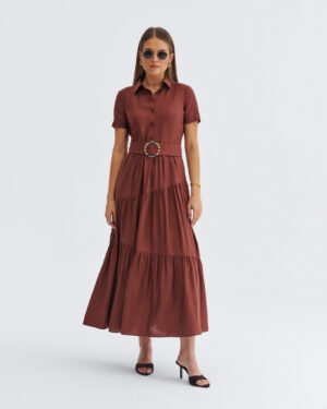 Brązowa sukienka midi z falbanami Ezuri