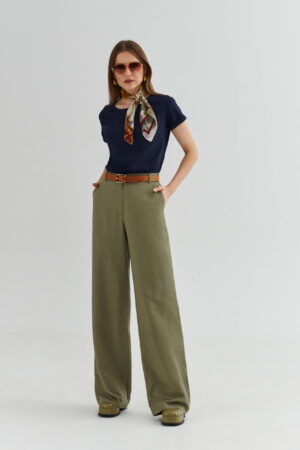 Szerokie spodnie damskie w kolorze oliwkowym z wysokim stanem Ezuri