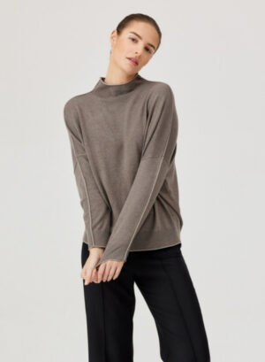 Sweter damski taupe z dekoracyjnym wykończeniem Feria