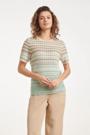 Sweter Smashed Lemon 26345 – Dzianinowy Top w Zielono-Beżowy Zygzak